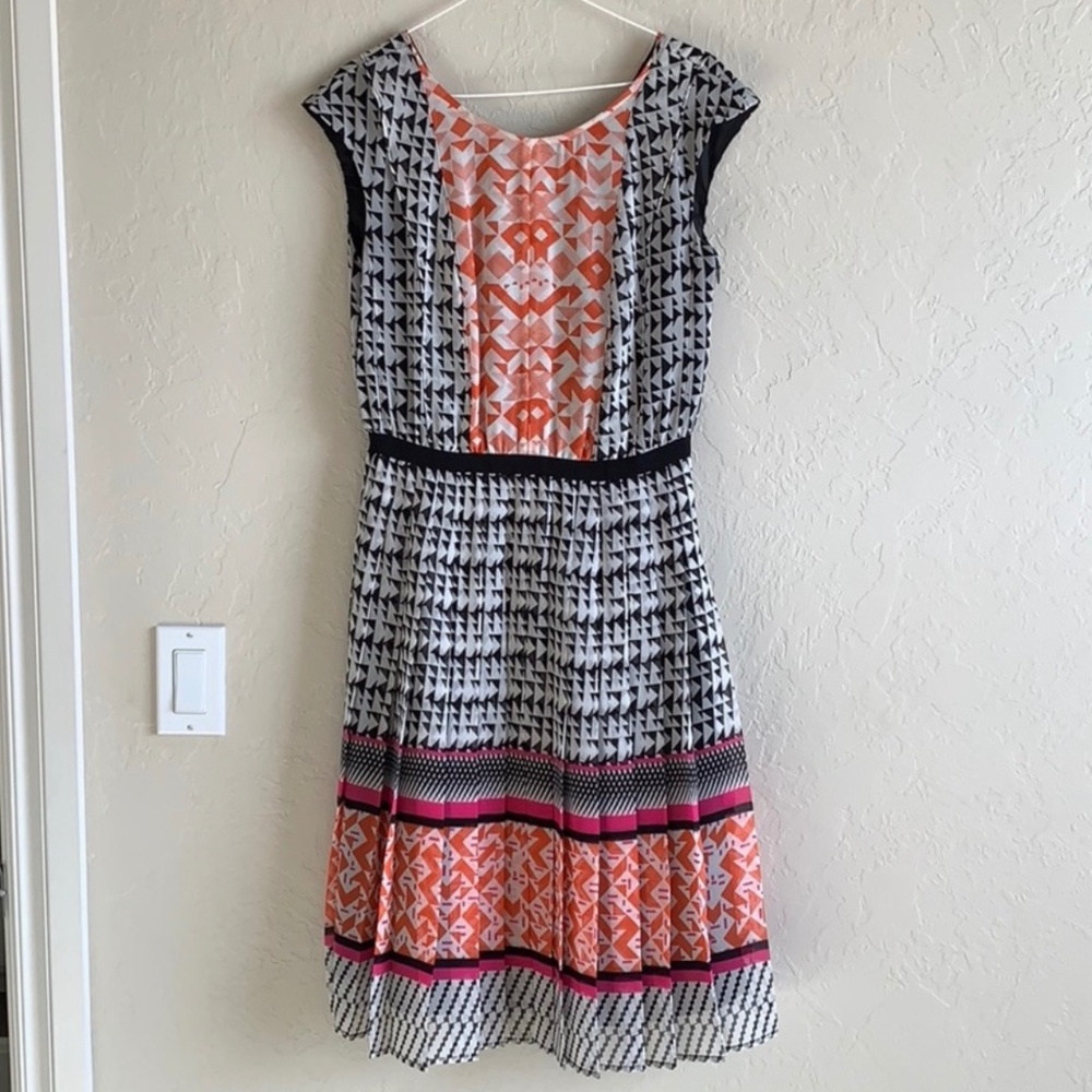 Halogen Pleated Dress Black and White Geometric Print